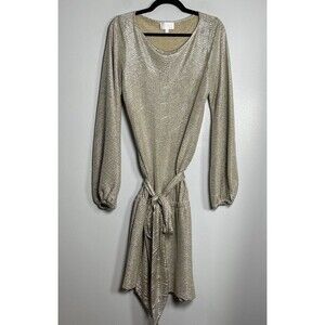 ALEXIS Crinkle Drop Waist Mini Dress Small Gold Party Holiday Tie Balloon Sleeve